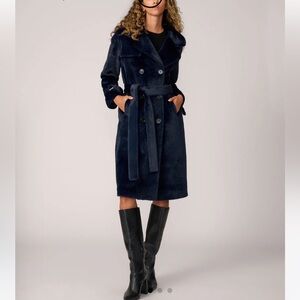 Adrienne Landau Sheared Mink Faux Fur Belted Coat Navy Blue M NEW $450